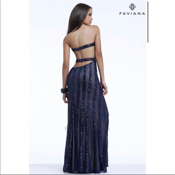 Faviana S7329 Evening Dress in Navy/Nude color w/ stones & sequences for prom - Picture 2 of 5